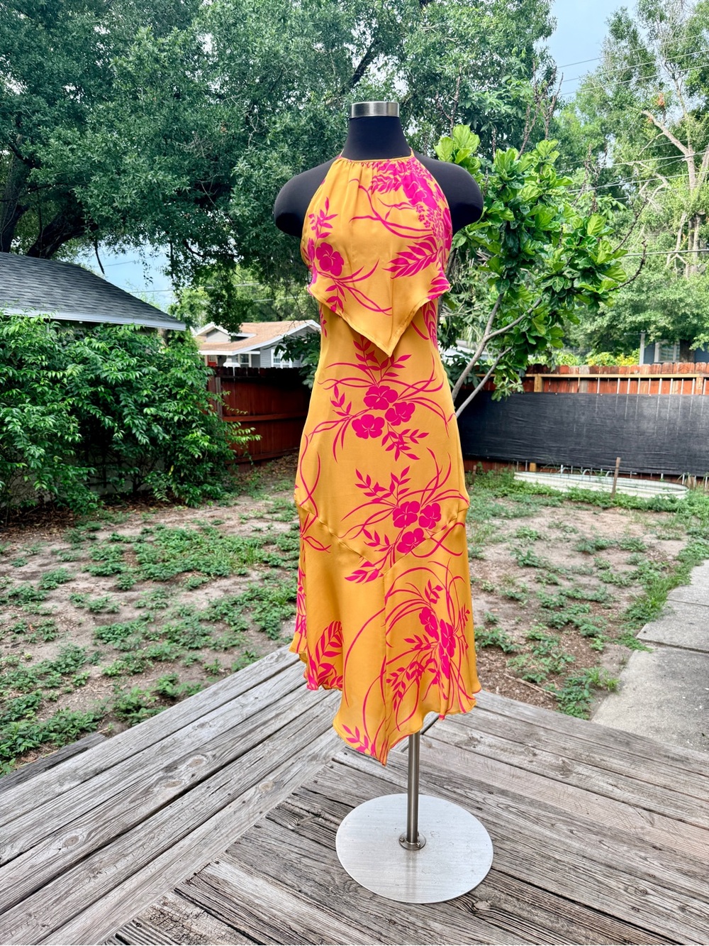 2000s Sue Wong Tropical Floral Silk Bias Cut Midi Dress